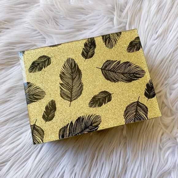 Gold Glittery Boho Feathers Glass Storage Jewlery Trinket Decor Box Bohemian - Picture 1 of 7